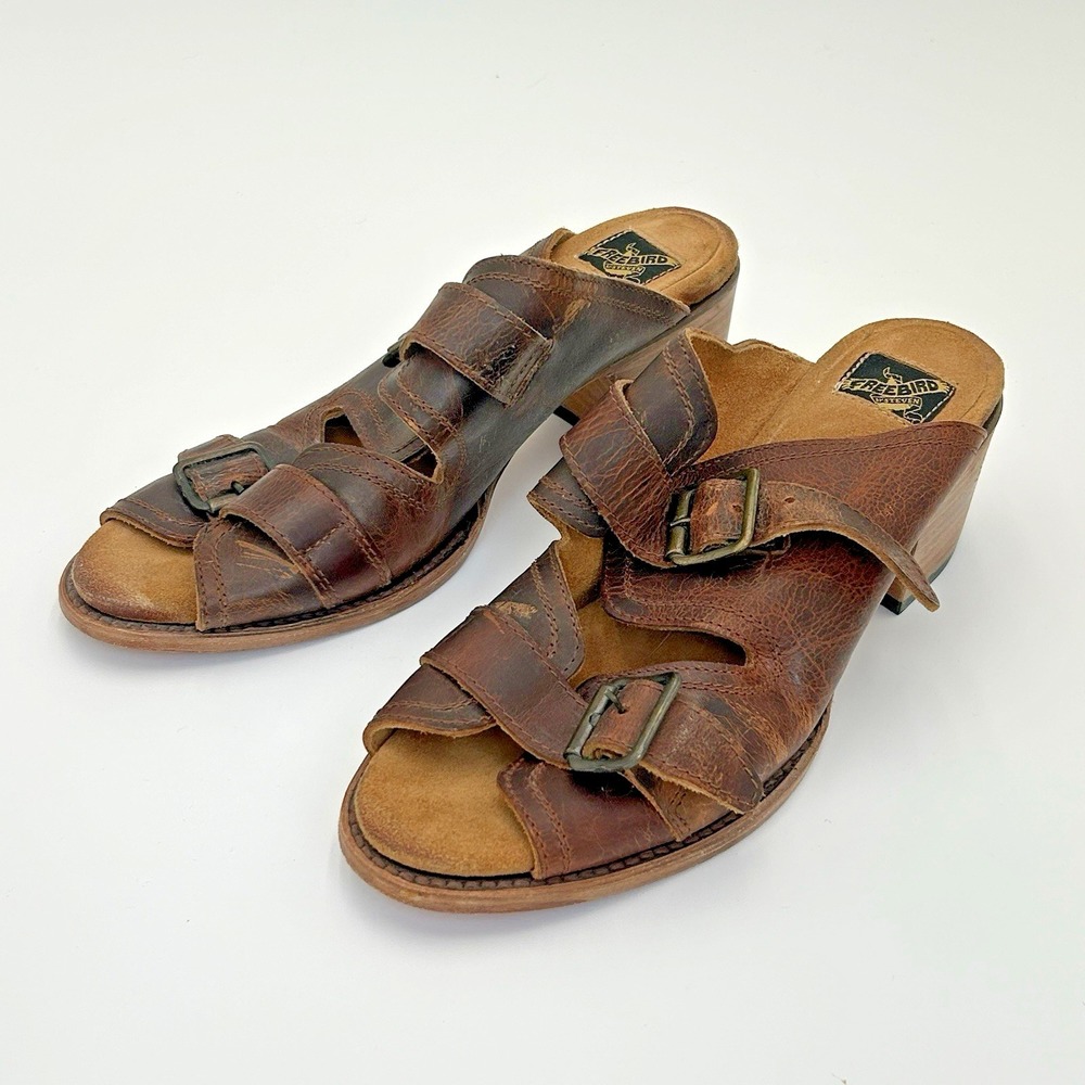 Freebird Caprice Distressed Brown Leather Buckle Block Heel Mules Size 11
